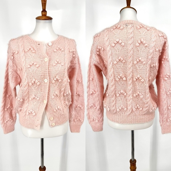 LIZ CLAIBORNE Vintage Mohair Hand Knit Popcorn Cable Cardigan Sweater M - Picture 2 of 7